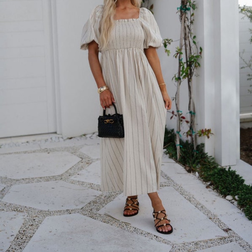 Elegant Cream Midi Dress Linen
